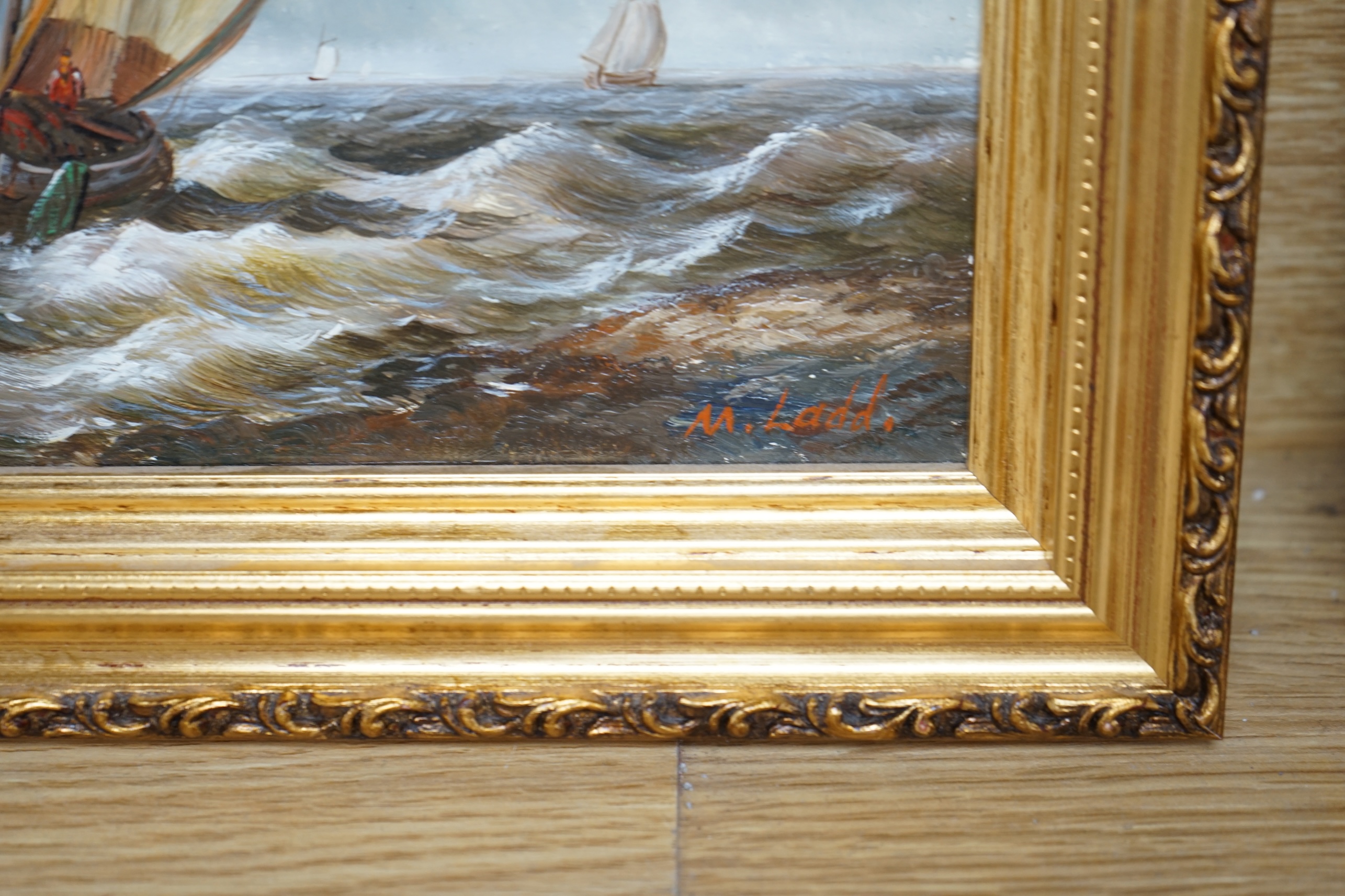 M. Ladd, Contemporary oil on board, Seascape with fishing boats, signed, 19 x 24cm, gilt framed. Condition - good